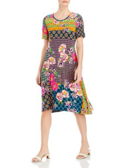 Johnny Was Maggie Mixed Print Swing Dress S Small Bamboo Blend